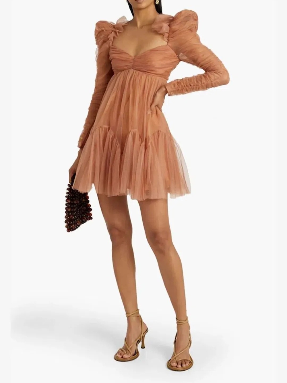 Sz M Coral Tulle Puff-Sleeve Mini Dress
